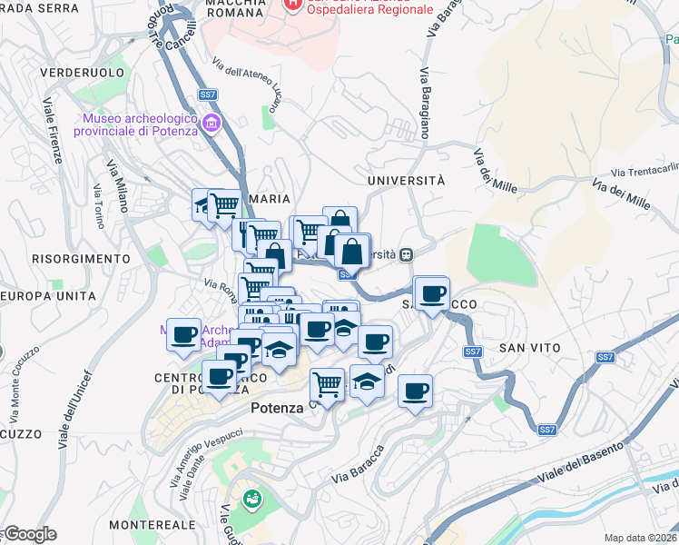 map of restaurants, bars, coffee shops, grocery stores, and more near 43 Via Cavour Camillo Benso in Potenza