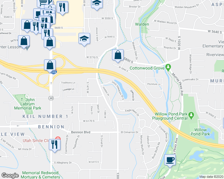 map of restaurants, bars, coffee shops, grocery stores, and more near 5984 1300 West in Taylorsville