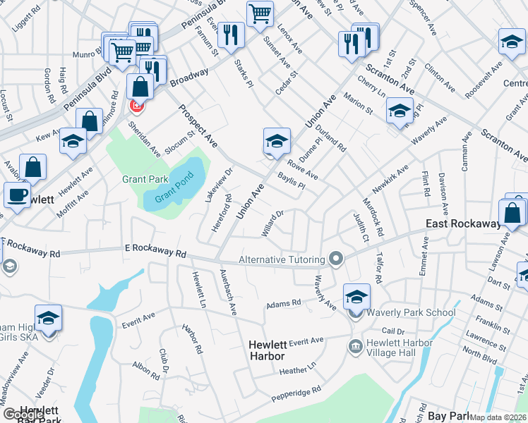 map of restaurants, bars, coffee shops, grocery stores, and more near 242 Willard Drive in Hewlett