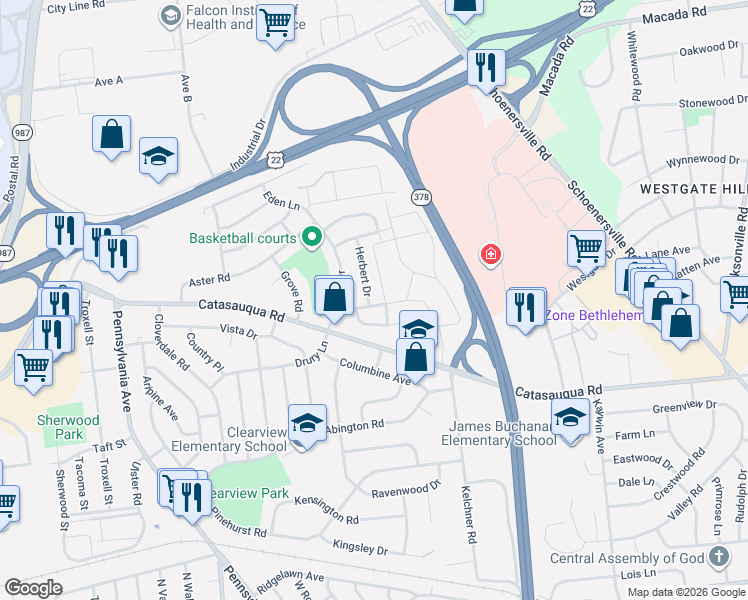 map of restaurants, bars, coffee shops, grocery stores, and more near 1954 Kenny Drive in Bethlehem