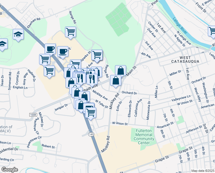 map of restaurants, bars, coffee shops, grocery stores, and more near 1316 Albert Street in Fullerton