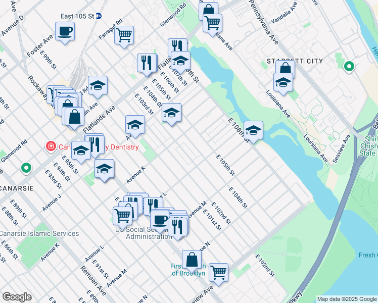 map of restaurants, bars, coffee shops, grocery stores, and more near 1143 East 103rd Street in Brooklyn
