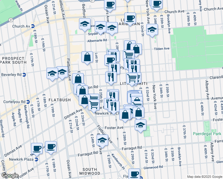 map of restaurants, bars, coffee shops, grocery stores, and more near 1119 Rogers Avenue in Brooklyn