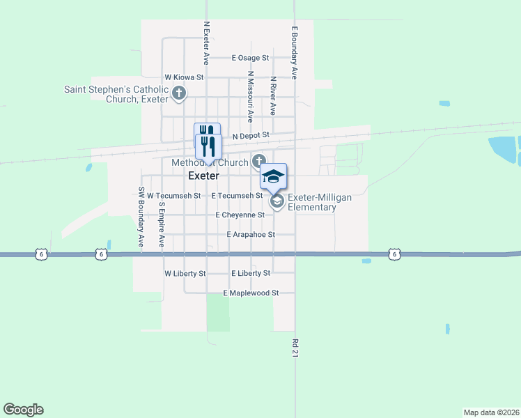 map of restaurants, bars, coffee shops, grocery stores, and more near 221 East Cheyenne Street in Exeter