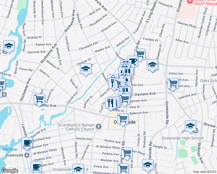 map of restaurants, bars, coffee shops, grocery stores, and more near 2874 Davis Street in Oceanside