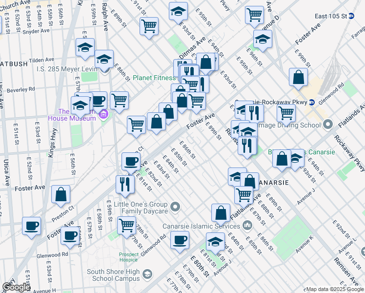 map of restaurants, bars, coffee shops, grocery stores, and more near 538 East 86th Street in Brooklyn