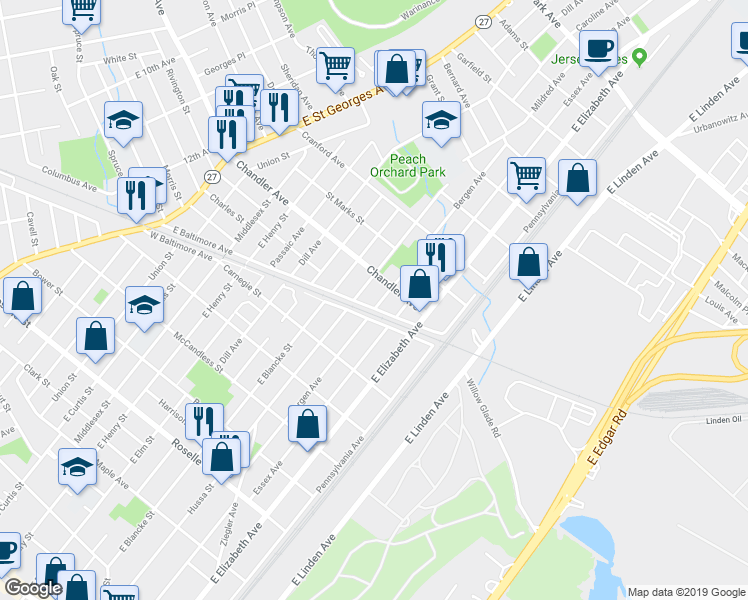 map of restaurants, bars, coffee shops, grocery stores, and more near 1101 Bergen Avenue in Linden