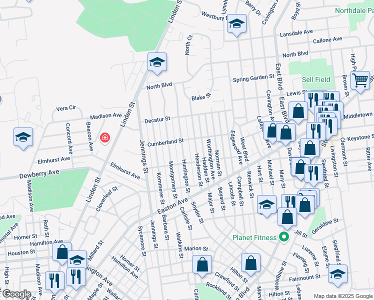 map of restaurants, bars, coffee shops, grocery stores, and more near 2117 Henderson Street in Bethlehem