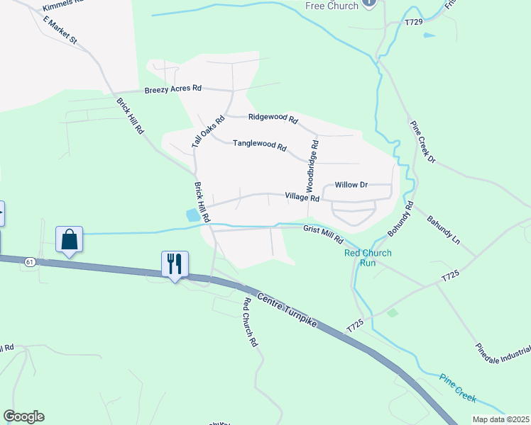 map of restaurants, bars, coffee shops, grocery stores, and more near 1606 Village Road in Orwigsburg
