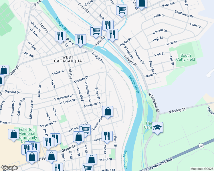 map of restaurants, bars, coffee shops, grocery stores, and more near 1231 Catasauqua Road in Fullerton