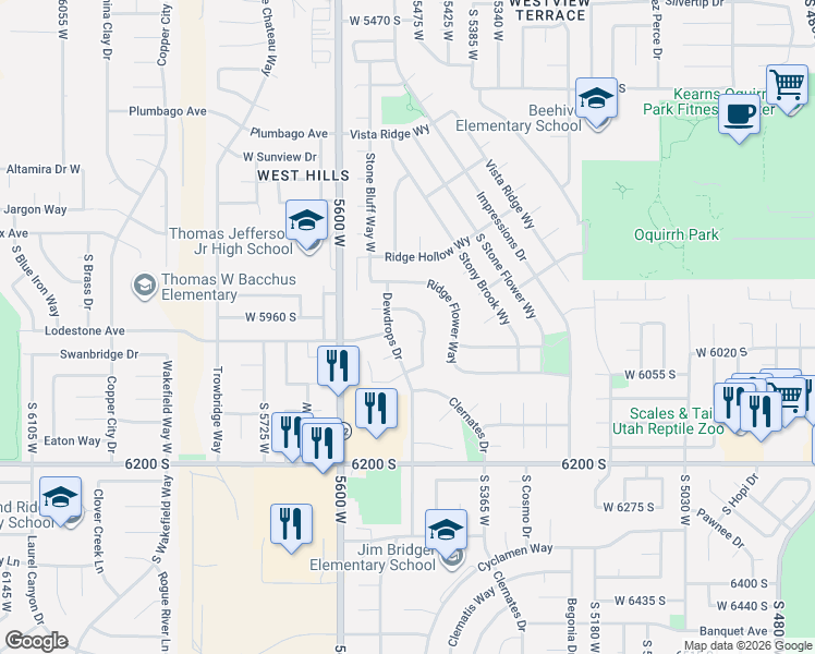 map of restaurants, bars, coffee shops, grocery stores, and more near 5480 Sun Ridge Court in Kearns