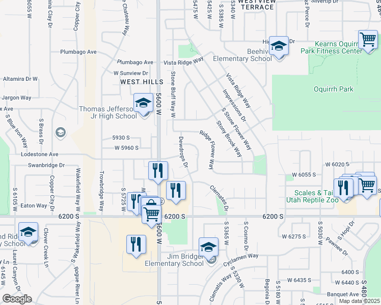 map of restaurants, bars, coffee shops, grocery stores, and more near 5480 Sun Ridge Court in Kearns