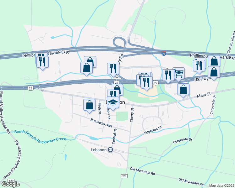 map of restaurants, bars, coffee shops, grocery stores, and more near 3 Cokesbury Road in Lebanon
