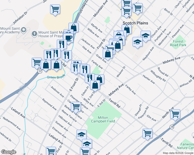 map of restaurants, bars, coffee shops, grocery stores, and more near 1529 East 2nd Street in Scotch Plains