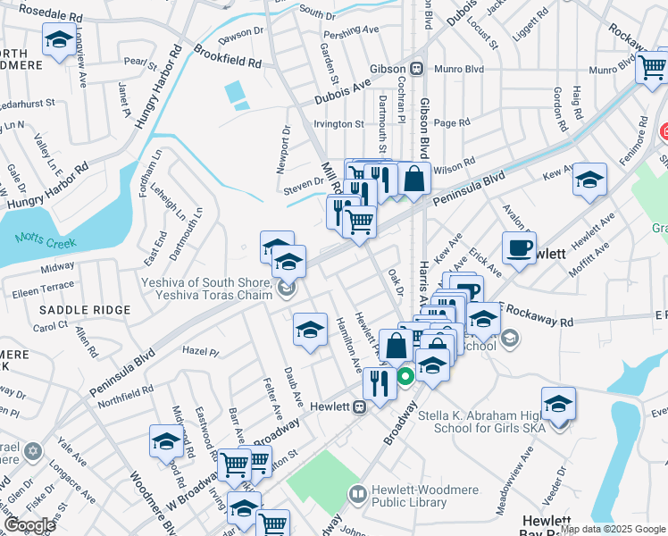 map of restaurants, bars, coffee shops, grocery stores, and more near 1242 Waverly Street in Hewlett