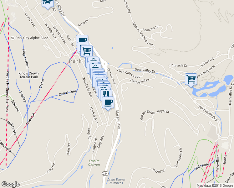 map of restaurants, bars, coffee shops, grocery stores, and more near 301 Ontario Avenue in Park City