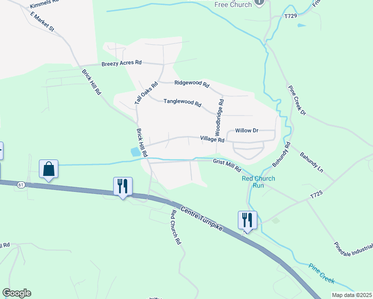 map of restaurants, bars, coffee shops, grocery stores, and more near 1606 Village Road in Orwigsburg