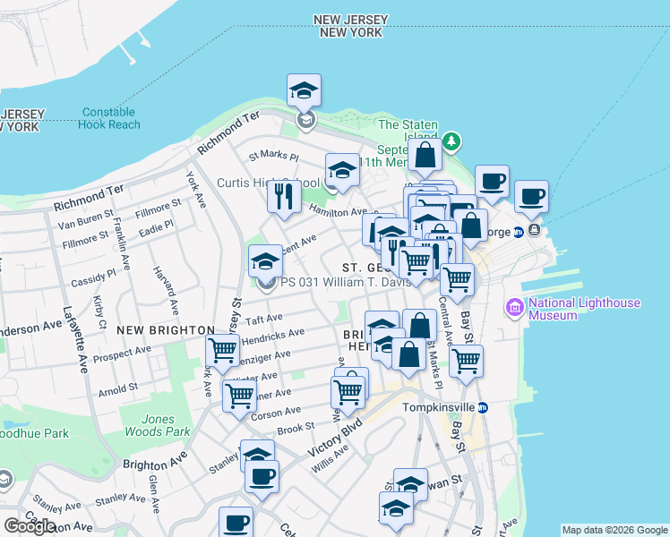 map of restaurants, bars, coffee shops, grocery stores, and more near 76 Fort Hill Circle in Staten Island