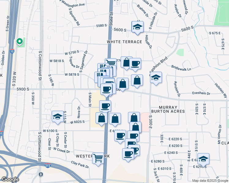 map of restaurants, bars, coffee shops, grocery stores, and more near 140 East 5900 South in Murray