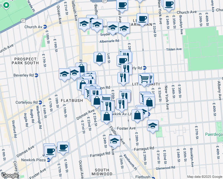 map of restaurants, bars, coffee shops, grocery stores, and more near 316 East 26th Street in Brooklyn
