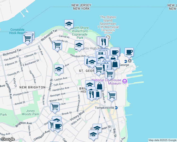 map of restaurants, bars, coffee shops, grocery stores, and more near 100 Belmont Place in Staten Island