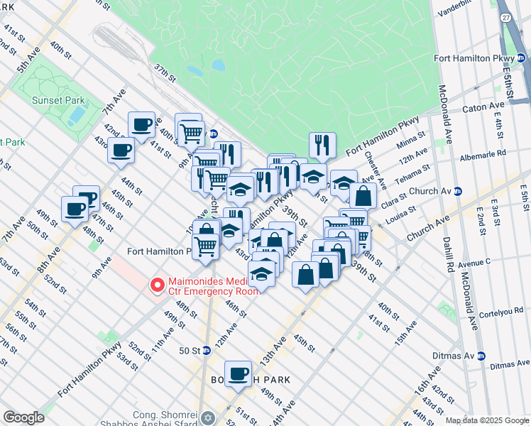 map of restaurants, bars, coffee shops, grocery stores, and more near Fort Hamilton Pkwy & 40th St in Brooklyn
