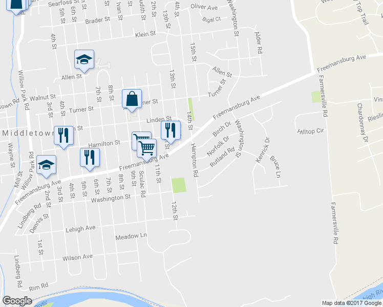 map of restaurants, bars, coffee shops, grocery stores, and more near 1843 Hampton Road in Bethlehem