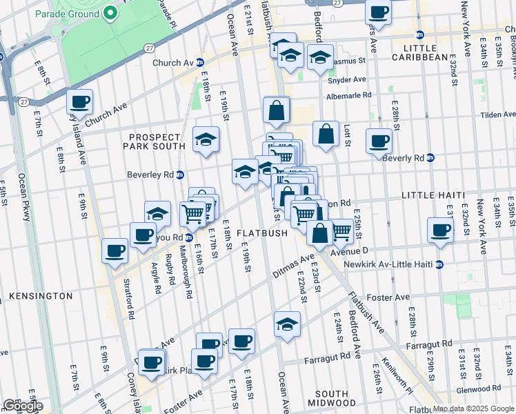 map of restaurants, bars, coffee shops, grocery stores, and more near 812 Ocean Avenue in Brooklyn