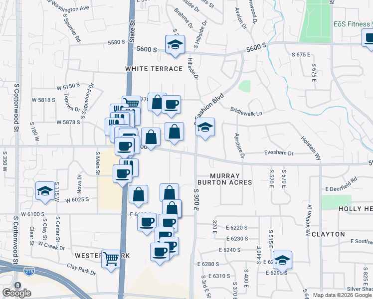 map of restaurants, bars, coffee shops, grocery stores, and more near 262 5900 South in Murray