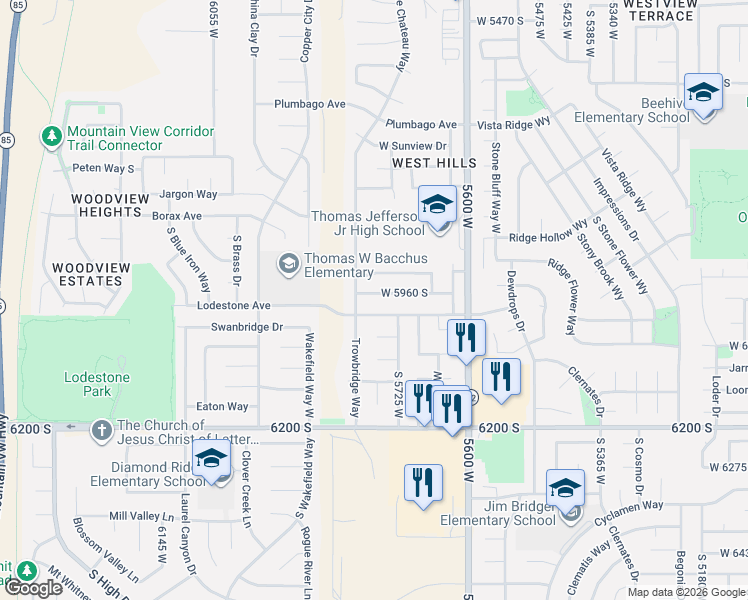 map of restaurants, bars, coffee shops, grocery stores, and more near 5778 Lodestone Avenue in Kearns