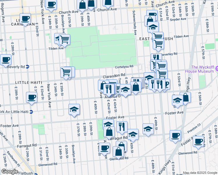 map of restaurants, bars, coffee shops, grocery stores, and more near 526 East 43rd Street in Brooklyn