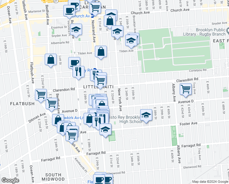 map of restaurants, bars, coffee shops, grocery stores, and more near 332 East 32nd Street in Brooklyn