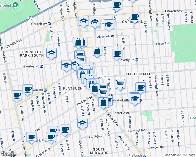 map of restaurants, bars, coffee shops, grocery stores, and more near 2242 Clarendon Road in Brooklyn