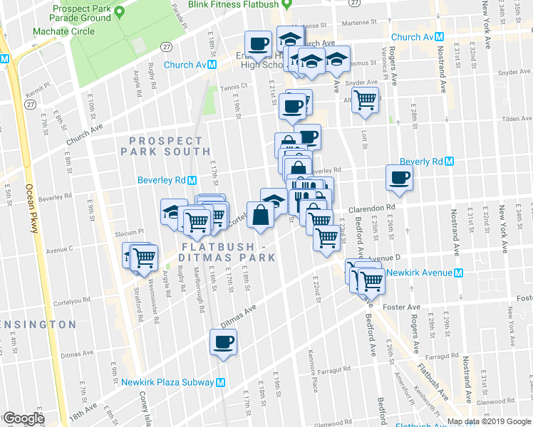 map of restaurants, bars, coffee shops, grocery stores, and more near 309 East 19th Street in Brooklyn