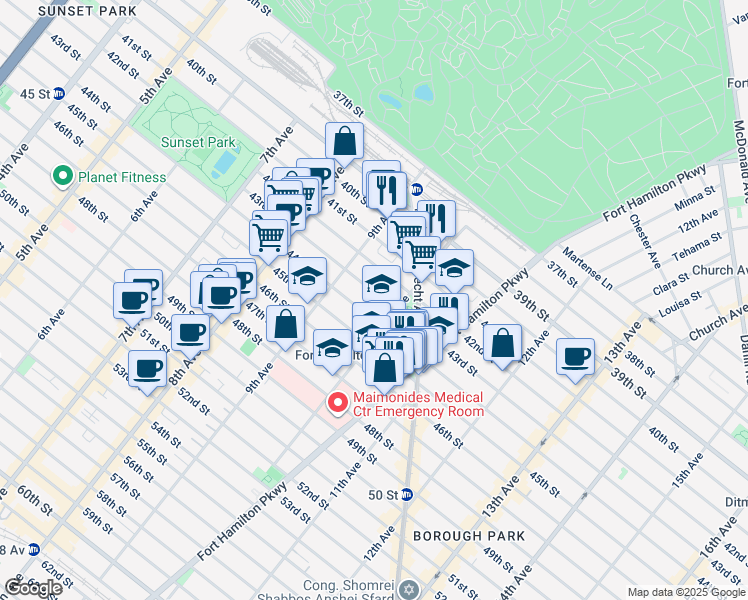 map of restaurants, bars, coffee shops, grocery stores, and more near 953 44th Street in Brooklyn