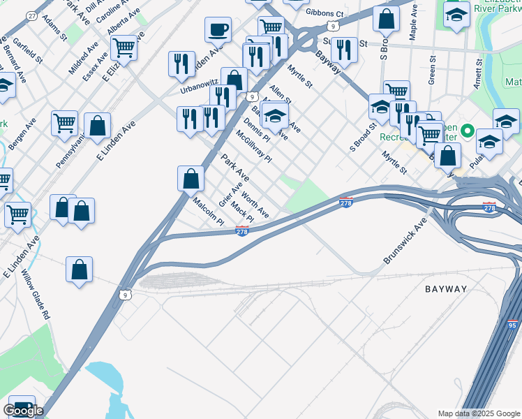 map of restaurants, bars, coffee shops, grocery stores, and more near 943 Worth Avenue in Linden
