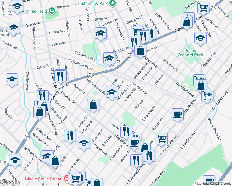 map of restaurants, bars, coffee shops, grocery stores, and more near 816 East Curtis Street in Linden