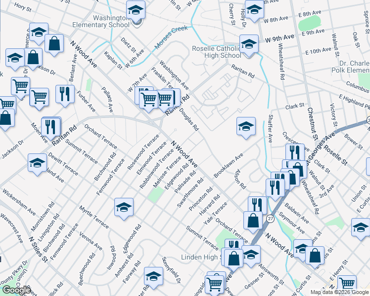 map of restaurants, bars, coffee shops, grocery stores, and more near 1303 North Wood Avenue in Linden
