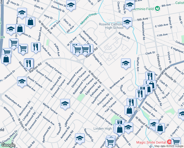 map of restaurants, bars, coffee shops, grocery stores, and more near 1303 North Wood Avenue in Linden