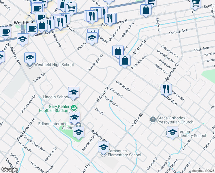 map of restaurants, bars, coffee shops, grocery stores, and more near 803 Boulevard in Westfield