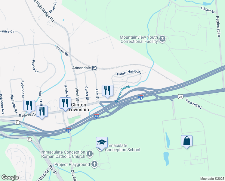 map of restaurants, bars, coffee shops, grocery stores, and more near 16 Hidden Valley Road in Clinton Township