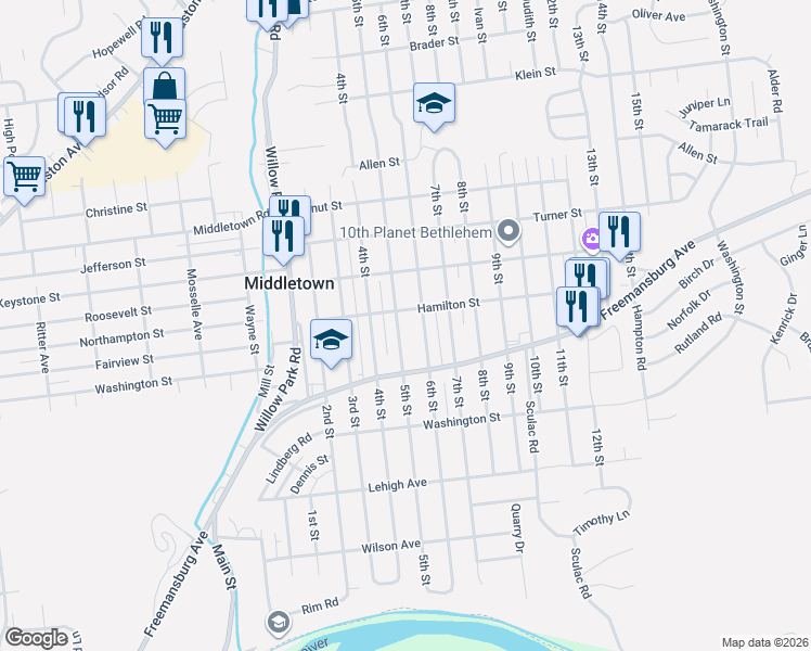map of restaurants, bars, coffee shops, grocery stores, and more near 1849 5th Street in Bethlehem