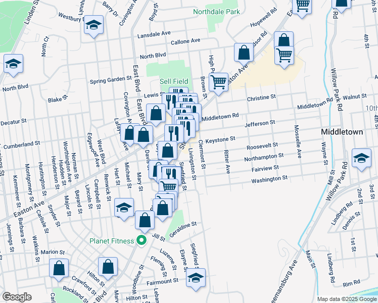 map of restaurants, bars, coffee shops, grocery stores, and more near 2110 Livingston Street in Bethlehem