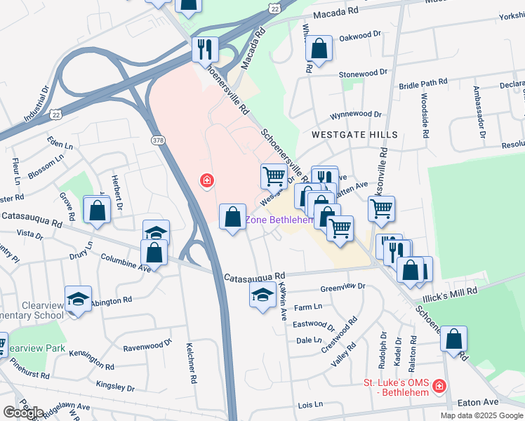 map of restaurants, bars, coffee shops, grocery stores, and more near 2104 Westgate Drive in Bethlehem