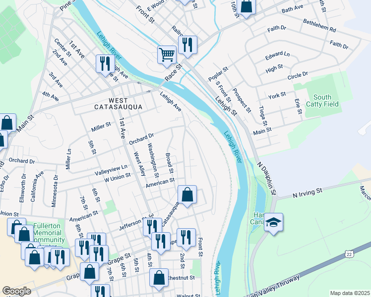 map of restaurants, bars, coffee shops, grocery stores, and more near 1148 Lehigh Avenue in Fullerton