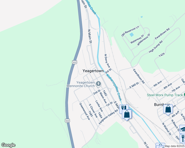 map of restaurants, bars, coffee shops, grocery stores, and more near in Yeagertown