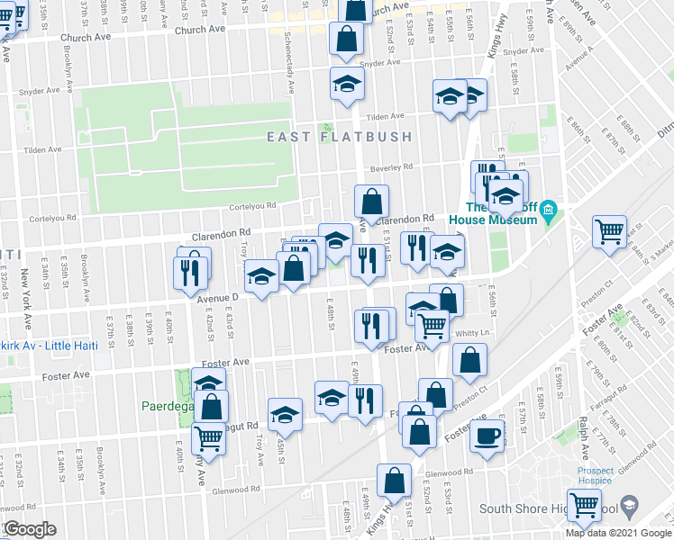 map of restaurants, bars, coffee shops, grocery stores, and more near 4801 Avenue D in Brooklyn