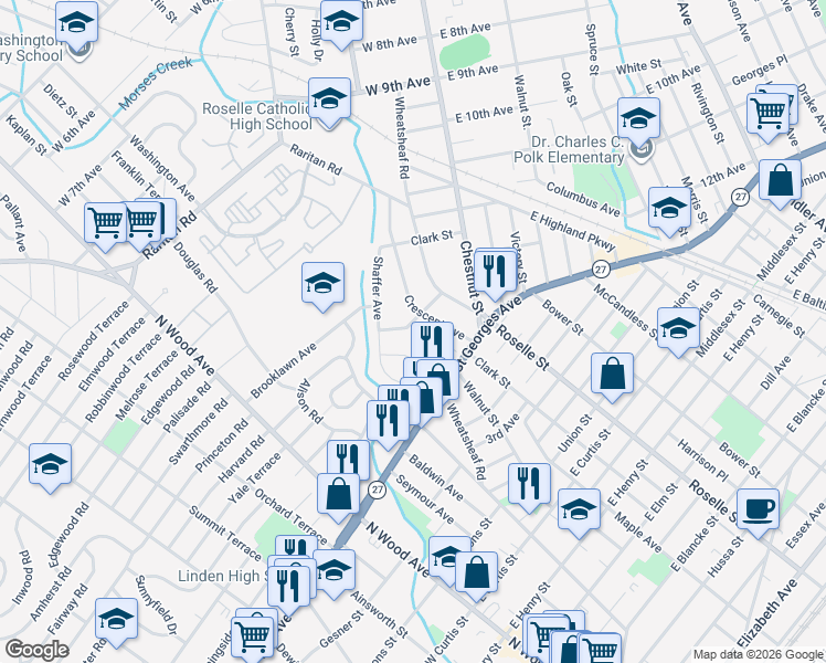 map of restaurants, bars, coffee shops, grocery stores, and more near 229 Audrey Terrace in Roselle