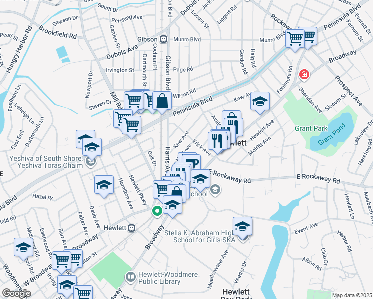 map of restaurants, bars, coffee shops, grocery stores, and more near 1379 Noel Avenue in Hewlett