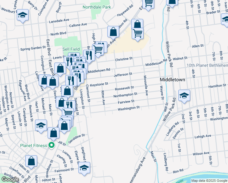 map of restaurants, bars, coffee shops, grocery stores, and more near 2840 Roosevelt Street in Bethlehem